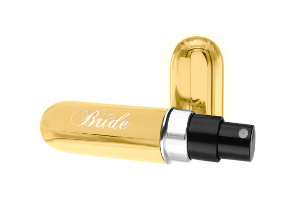Gouden parfumverstuiver met daarop bride gegraveerd