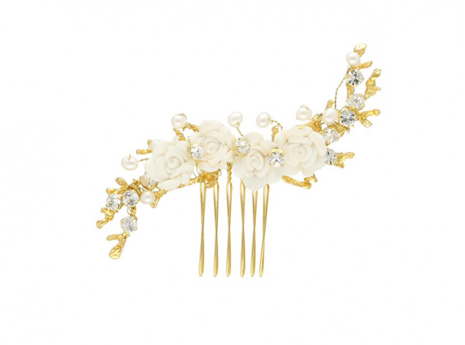 Haaraccessoire flowers & pearls goud kleurig
