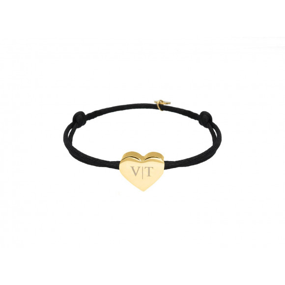 Satin heart initial armband zwart goldplated