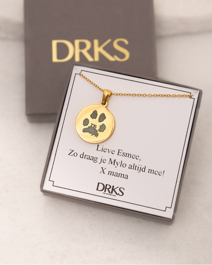 gouden dames ketting met hondenpoot in DRKS sieradendoosje