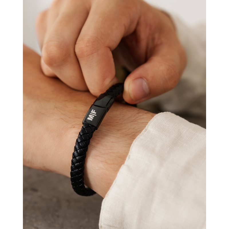 Graveerbare Leren Heren Armband Zwart