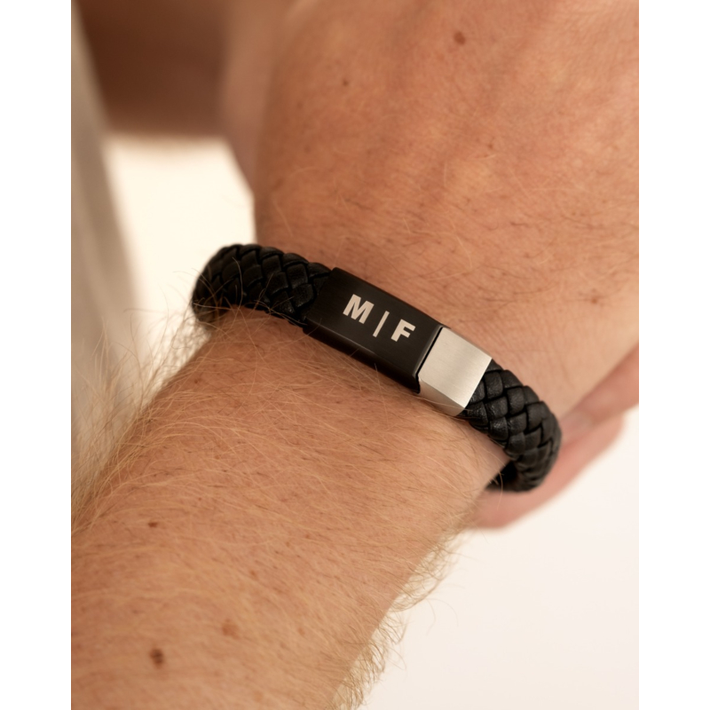 Graveerbare leren mannen armband zwart & zilverkleurig