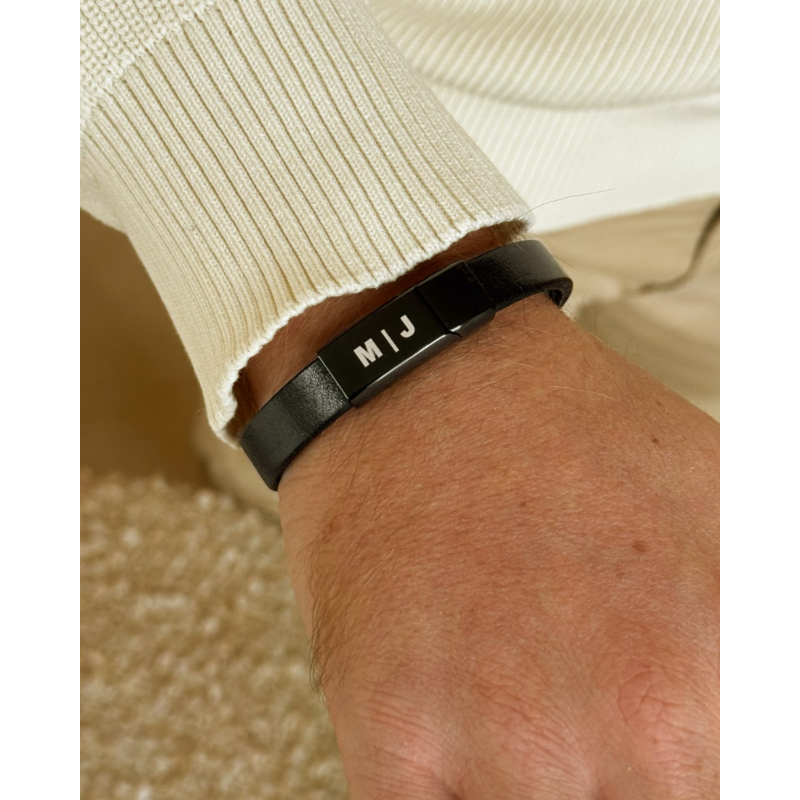 Leren armband heren graveren zwart