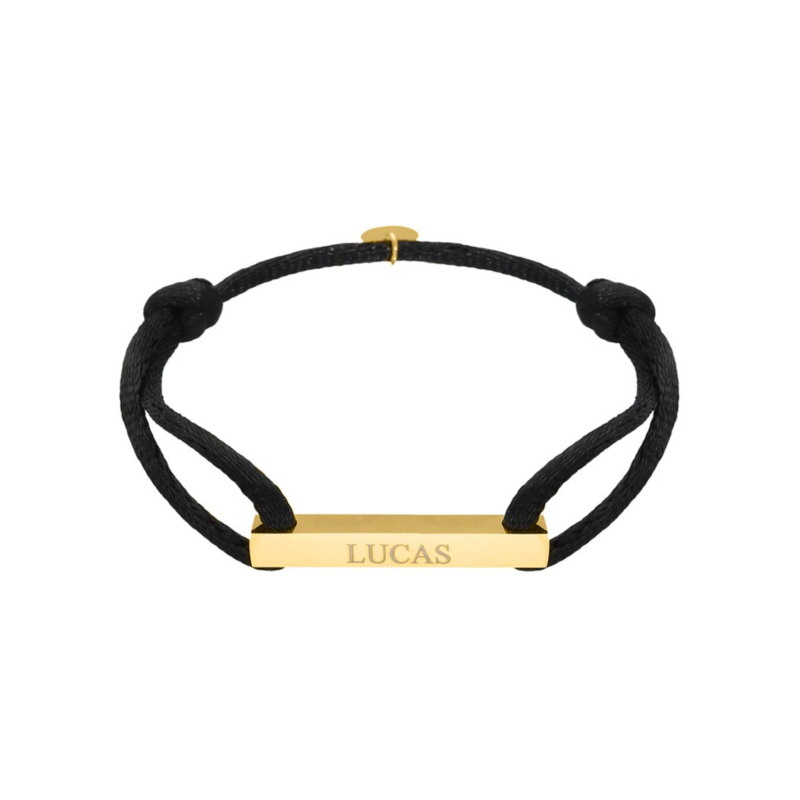 Satin bar initial armband zwart goldplated heren