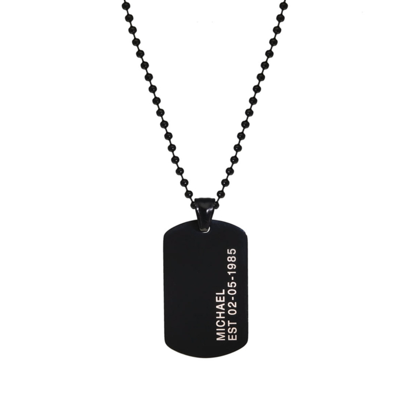 Dog tag ketting met naam en datum zwart