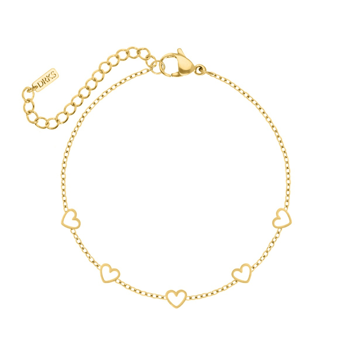 Armband met 5 hartjes goudkleurig