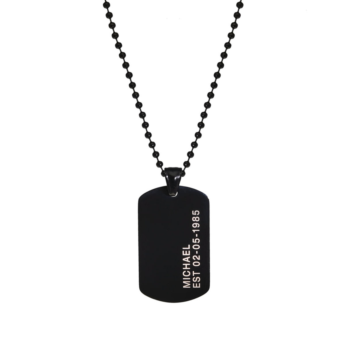 Dog tag ketting met naam en datum zwart