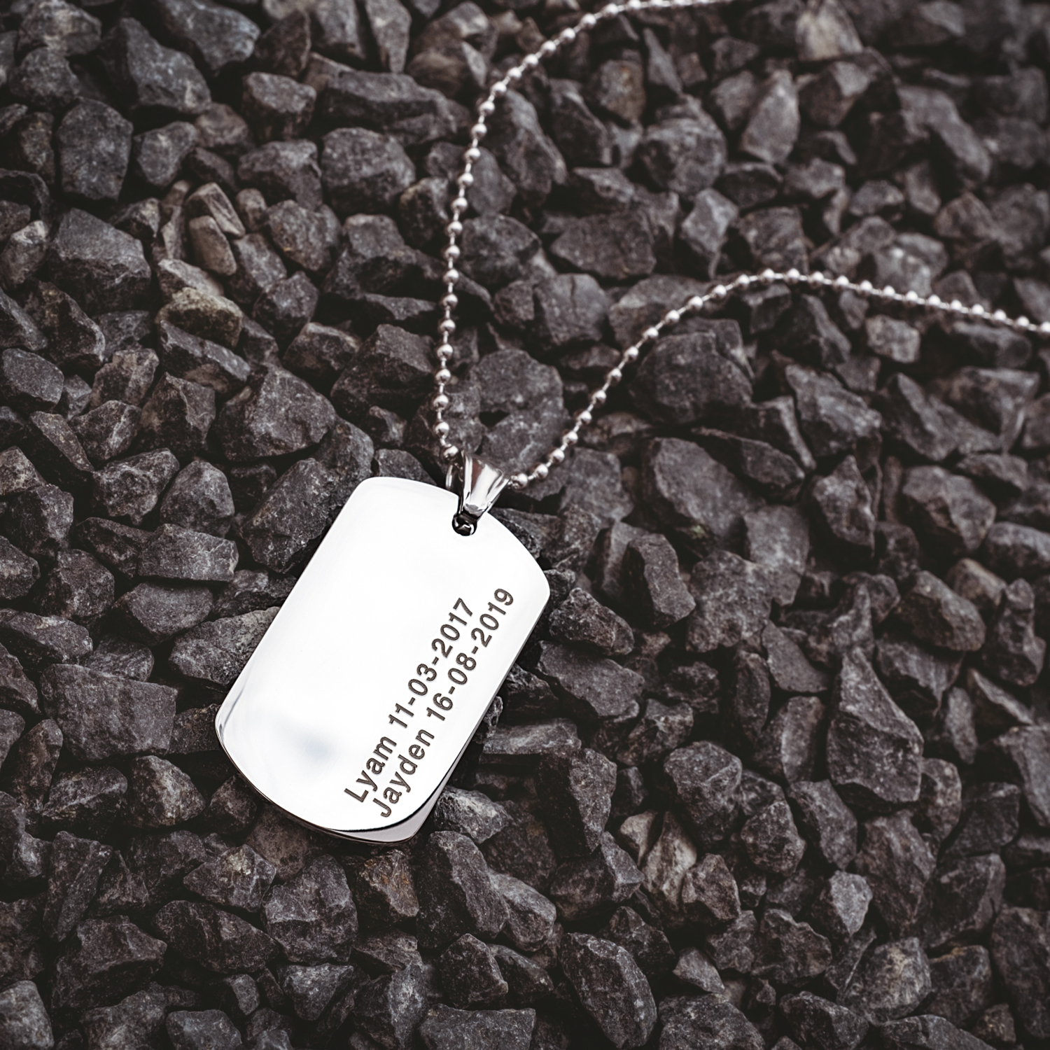 Dog tag ketting zilver met gravering