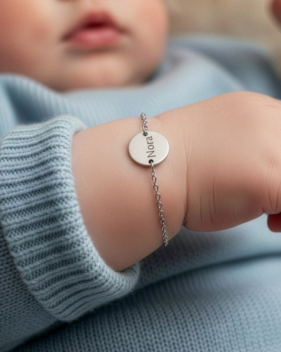 Baby met naam armbandje om pols