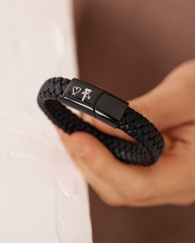 Zwarte leren mannen armband met tekening