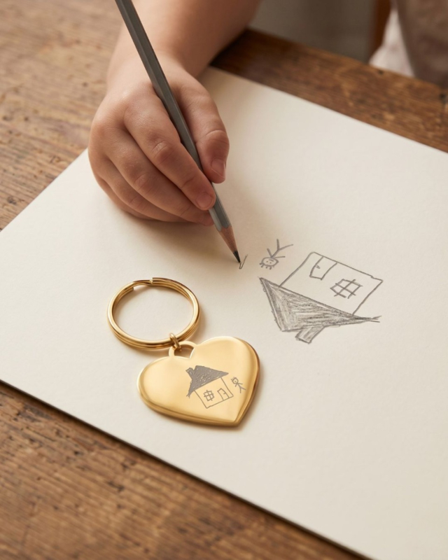 Tekening op sleutelhanger gegraveerd
