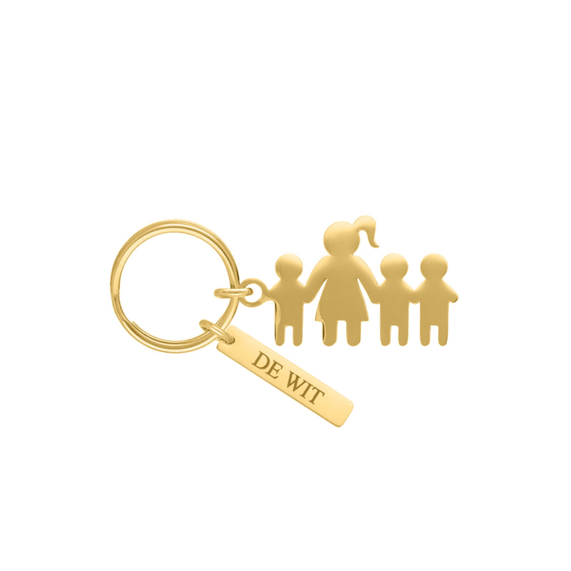 Sleutelhanger moeder en drie kinderen goudkleurig met naam