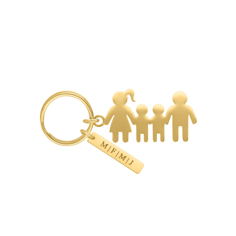 Sleutelhanger man vrouw en twee kinderen goudkleurig met naam