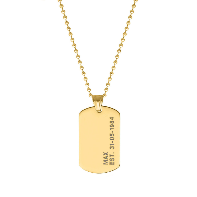 Dog tag ketting met naam en datum goudkleurig