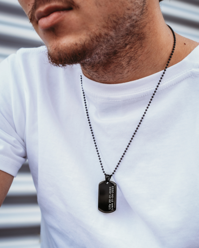 Graveerbare dog tag ketting in de kleur zwart