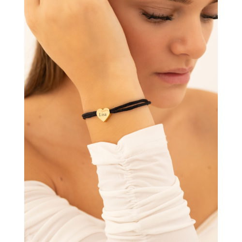 Satin heart initial armband zwart goldplated
