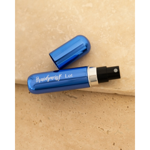 Parfumverstuiver met naam bruidsmeisje blauw