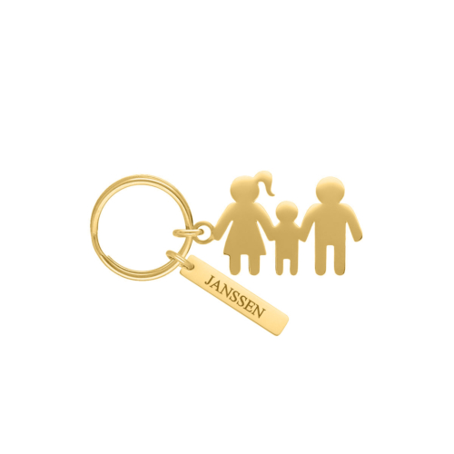 Sleutelhanger man vrouw en kind goudkleurig met naam