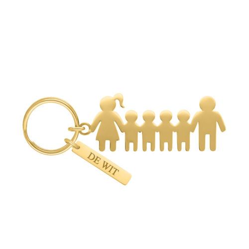 Sleutelhanger man vrouw en vier kinderen goudkleurig