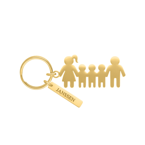 Sleutelhanger man vrouw en drie kinderen goudkleurig