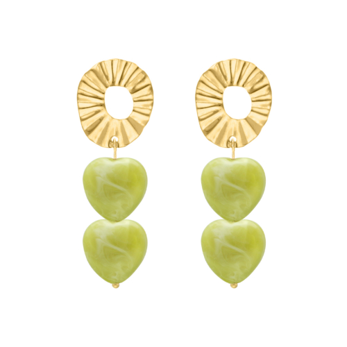 Dubbele hartjes oorbellen groen goudkleurig