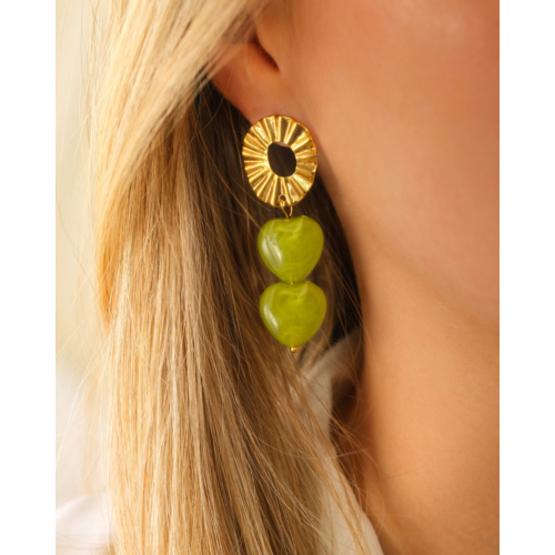 Dubbele hartjes oorbellen groen goudkleurig