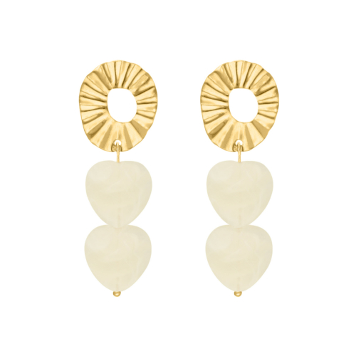 Dubbele hartjes oorbellen wit goudkleurig