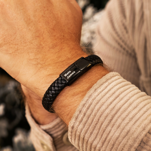 Graveerbare Leren Mannen Armband Zwart