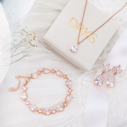 Sieradenset bruid met steentjes rose goud kleurig