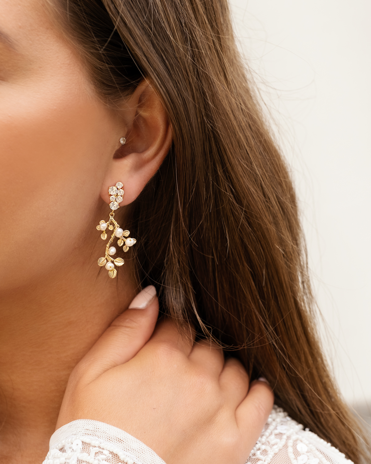 Boho bruidsoorbellen sparkle & pearls goldplated
