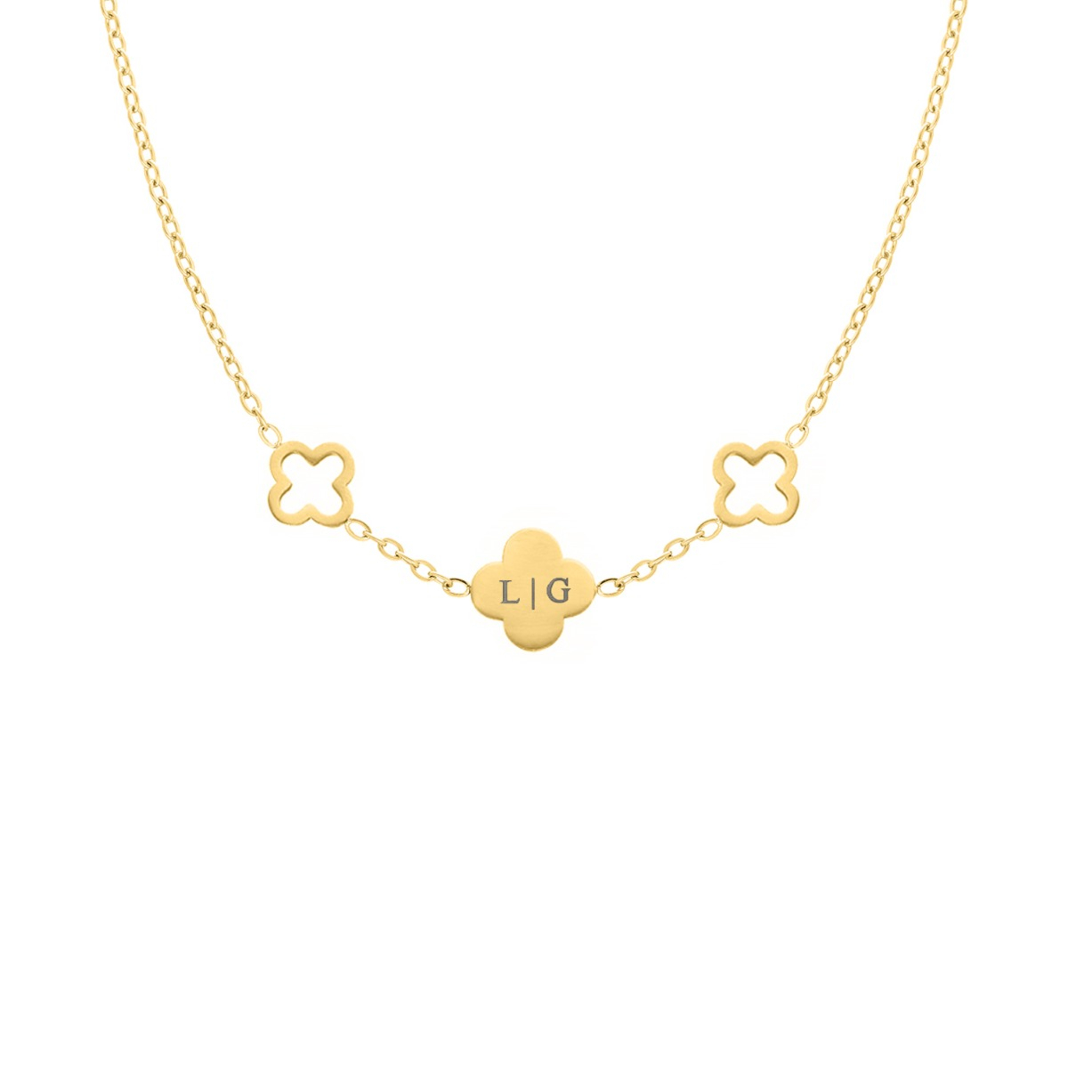 Initial ketting with triple clover goudkleurig
