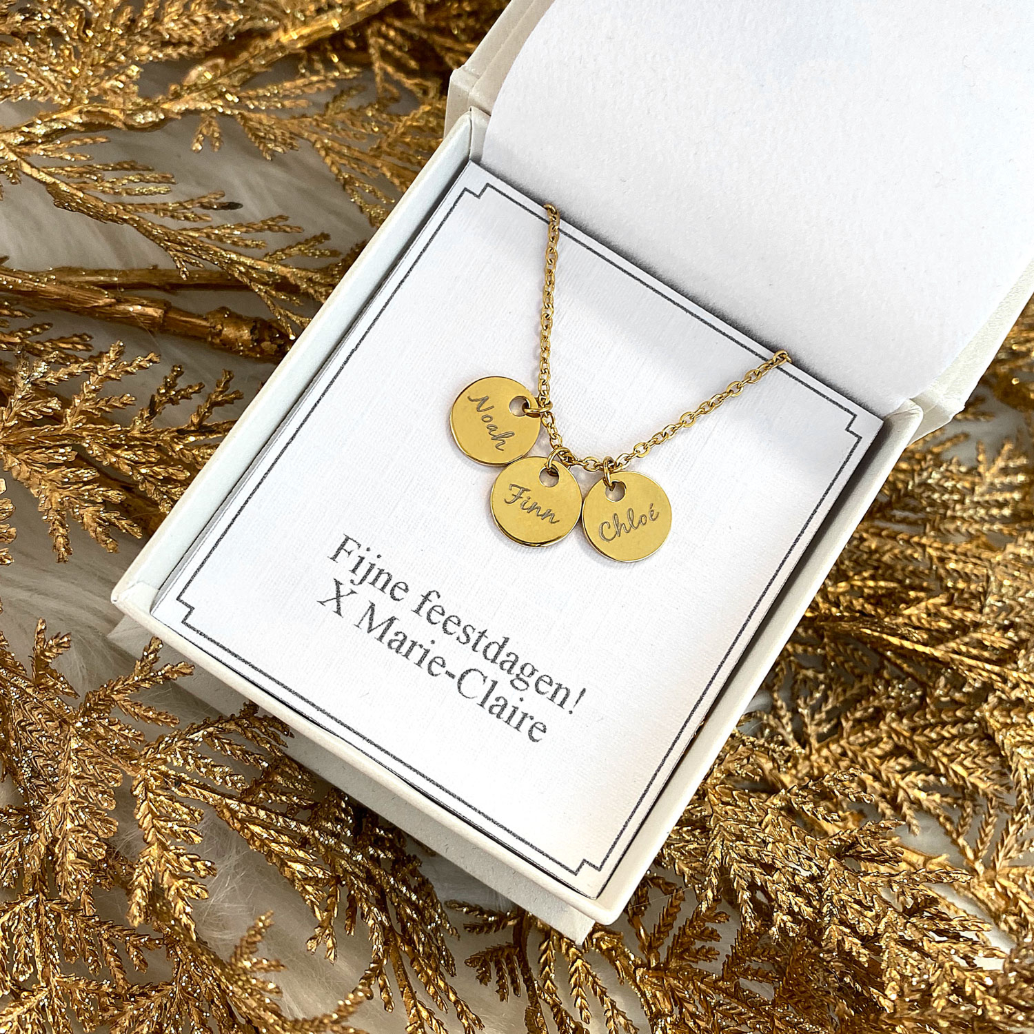 Mooie ketting met muntjes en namen in een sieradendoosje