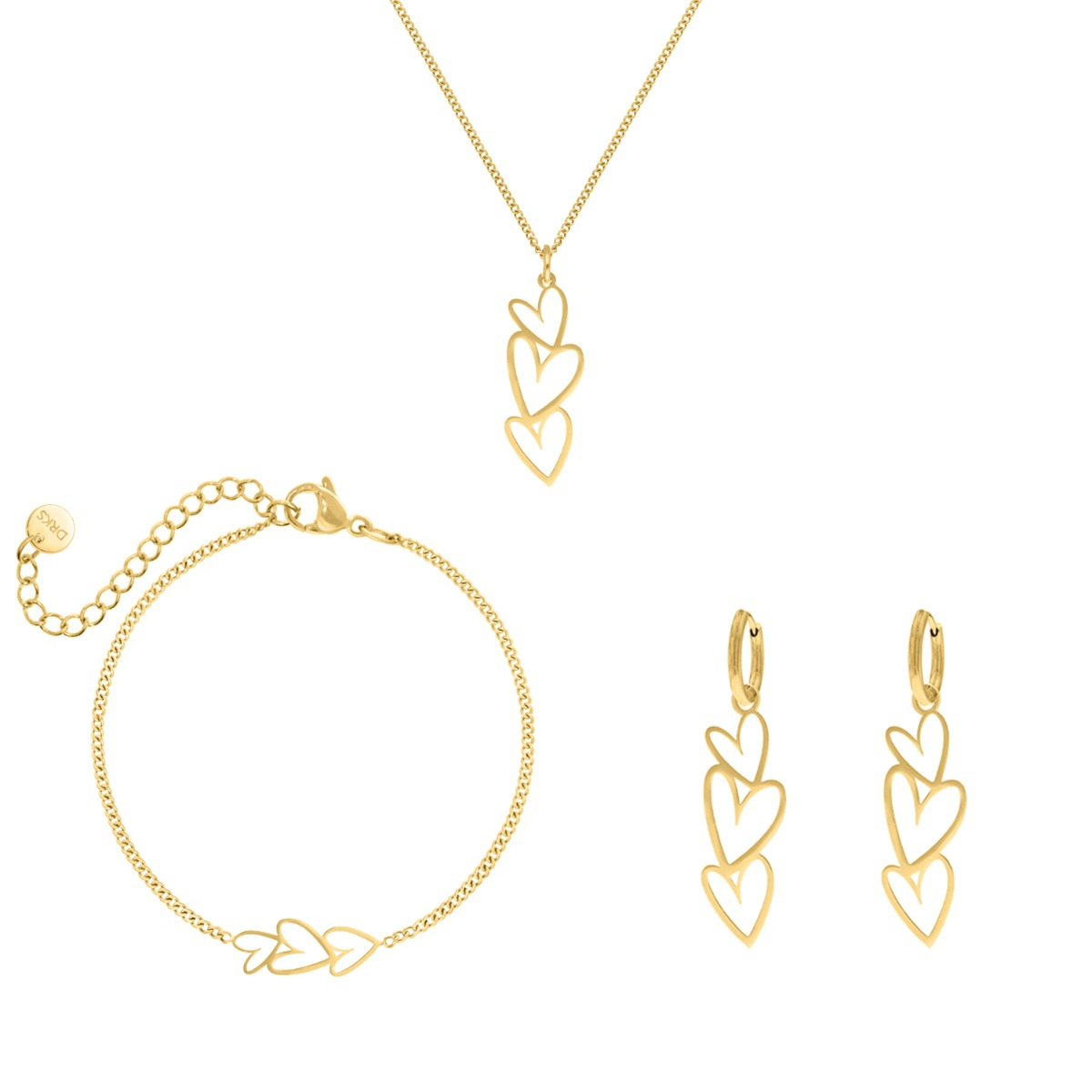 Sieraden set triple heart goudkleurig
