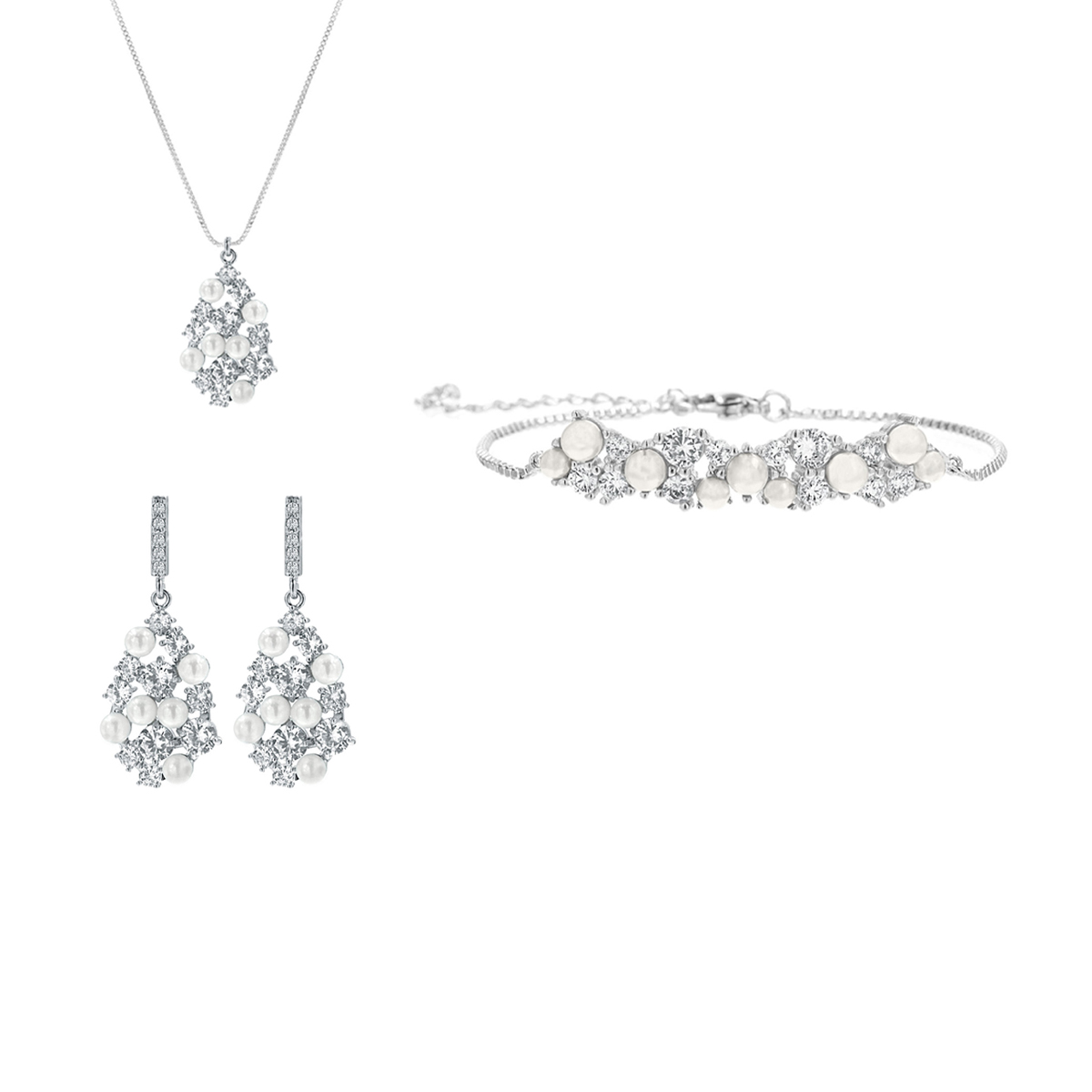 Bruiloft Bruidssieraden Set Zilver Met Kristallen Strass - Halsketting, Armband, Oorbellen