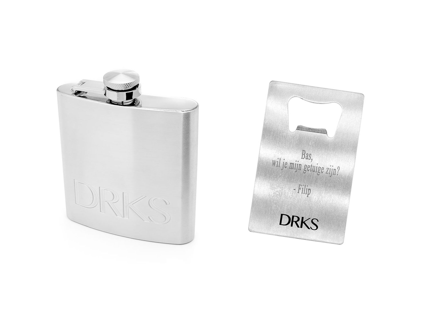 DRKS cadeauset met heupfles van roestvrijstaal en graveerbare flesopener