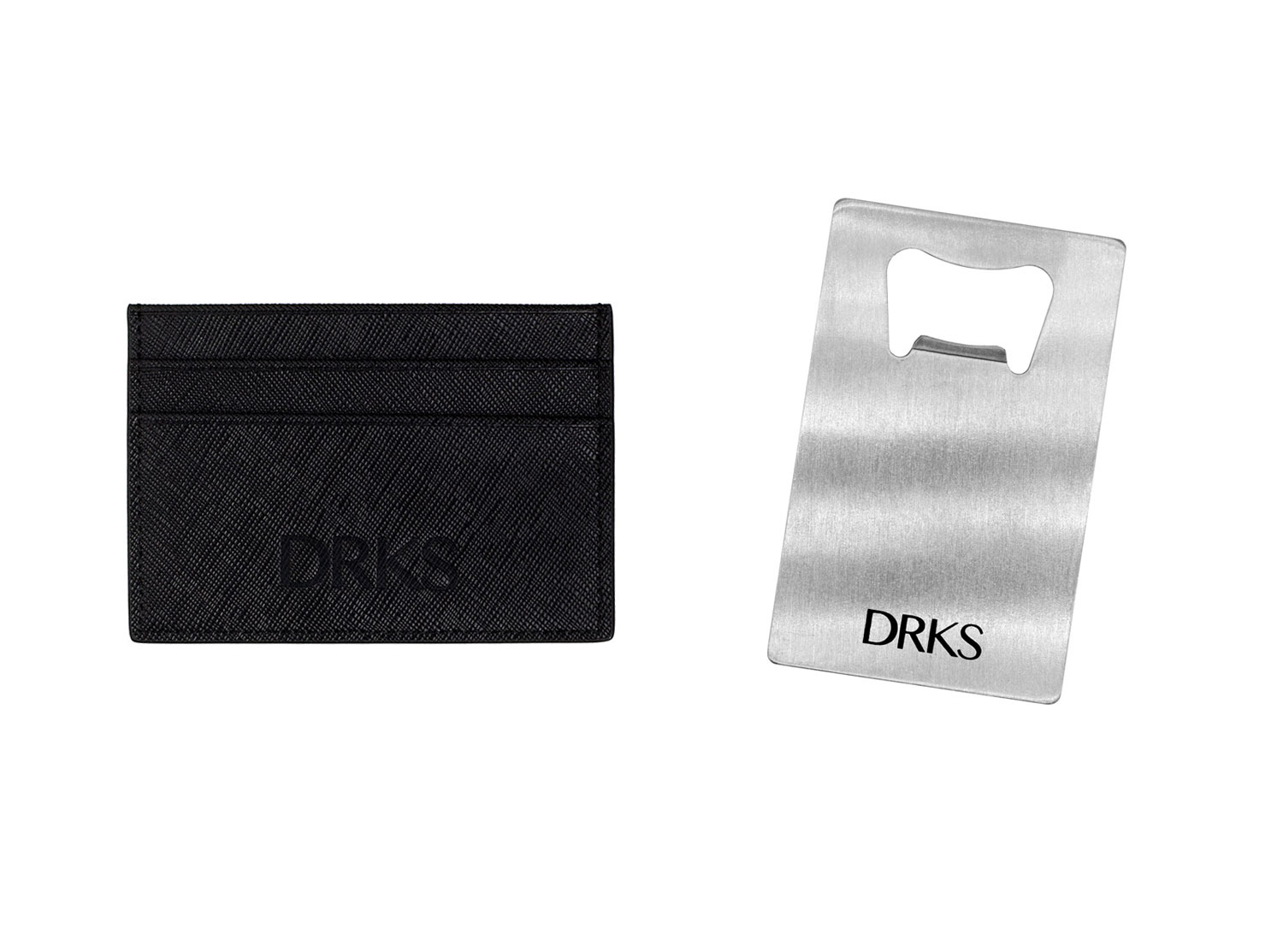 DRKS cadeauset graveerbare flesopener en bijpassende kaarthouder 