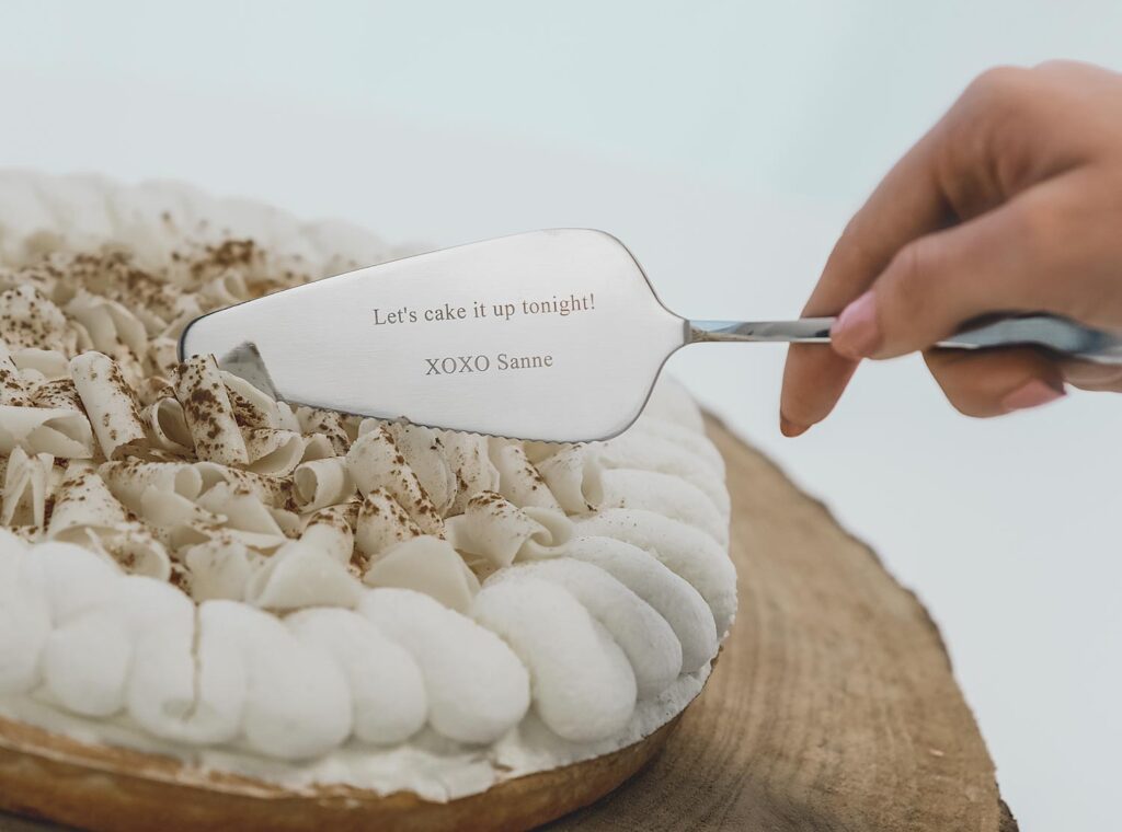 zilveren taartschep met tekst