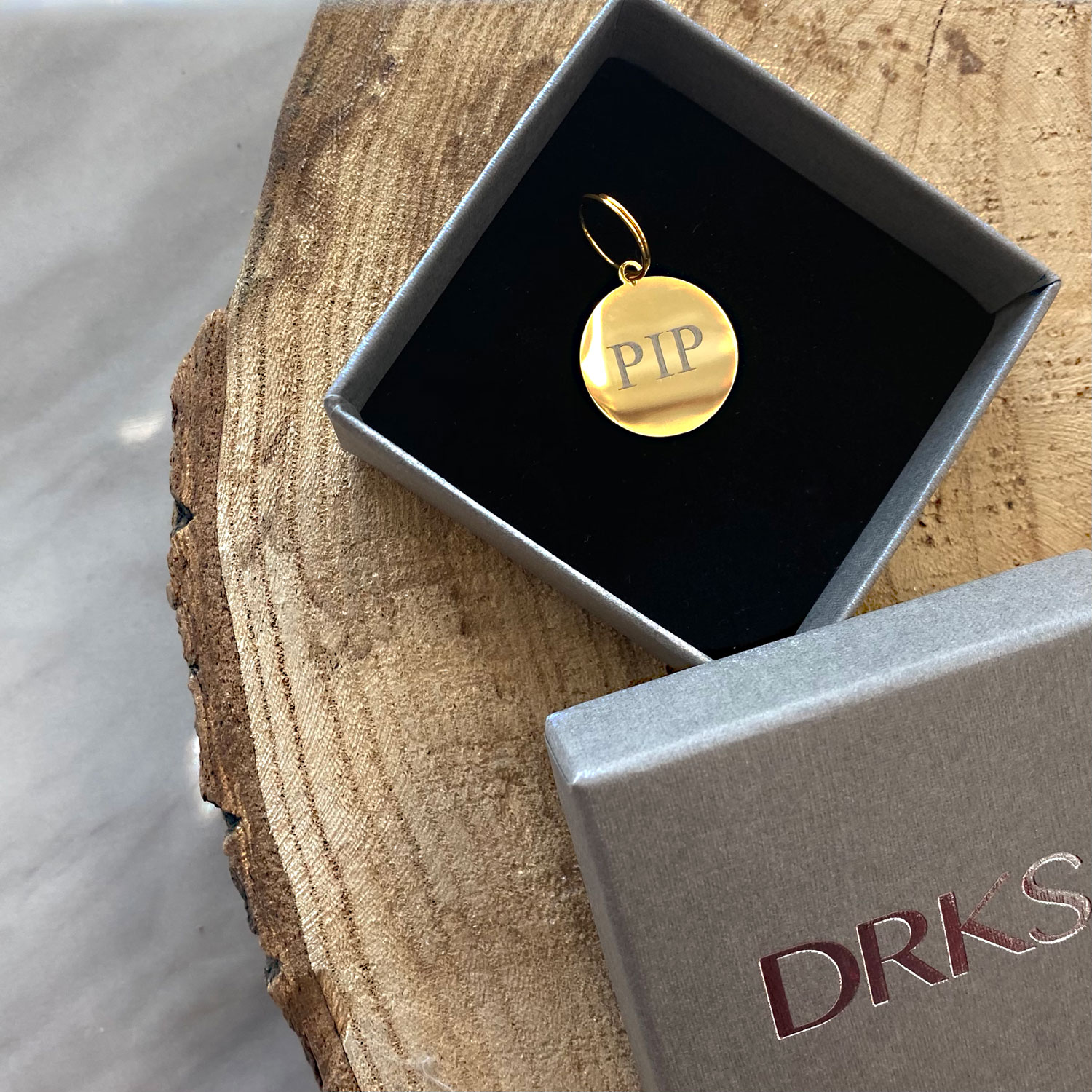 gouden ronde hondenpenning in doosje