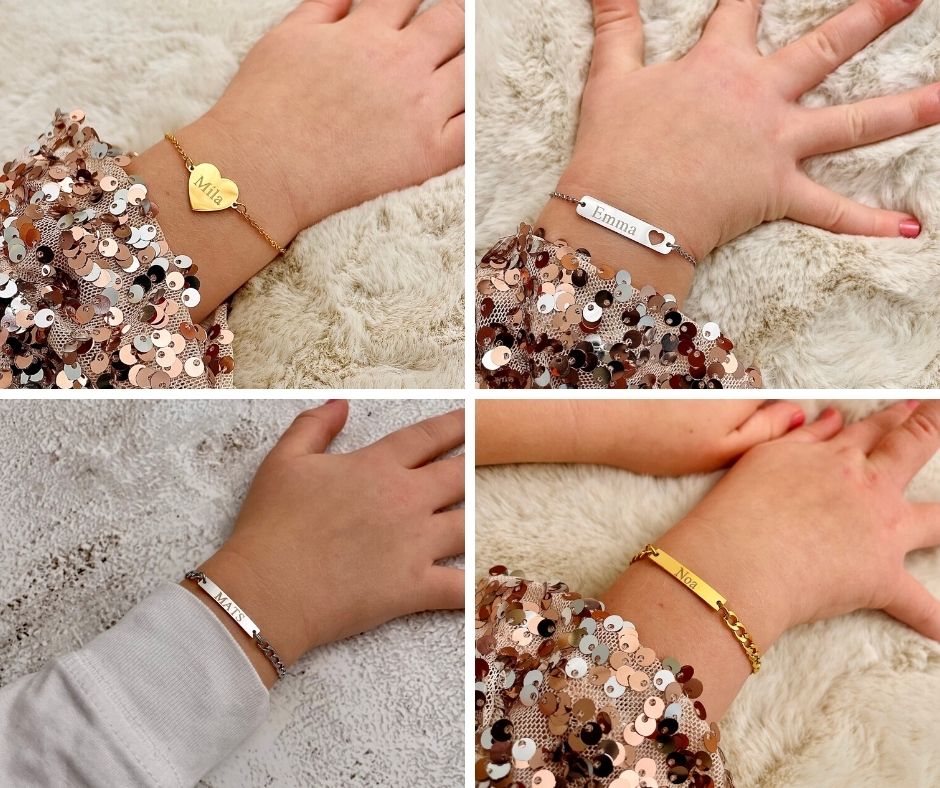 verschillende kinder armbandjes met gravering