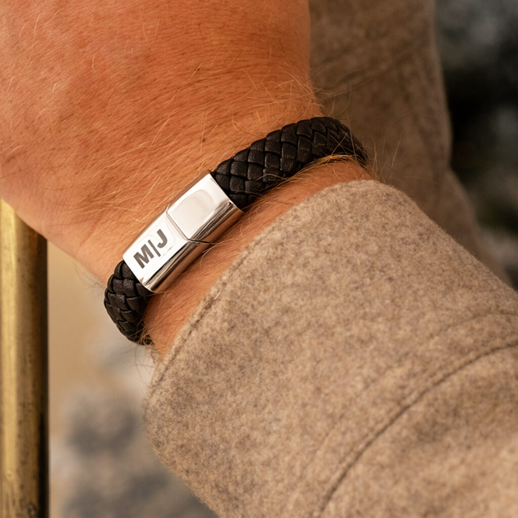 zilveren leren mannen armband